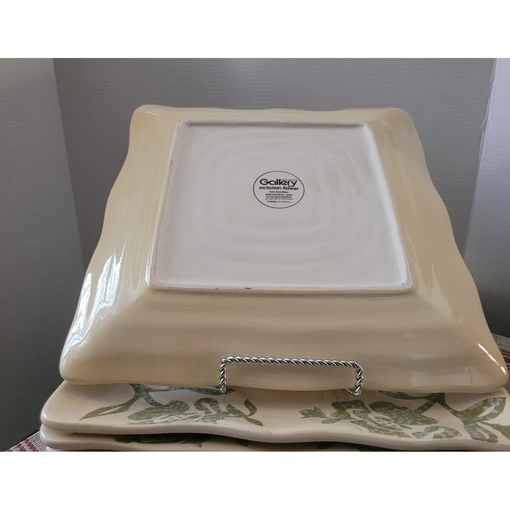 Vtg Green Victorian flowers Square Dinner Plate by‎ Tabletops Gallery Unlimited